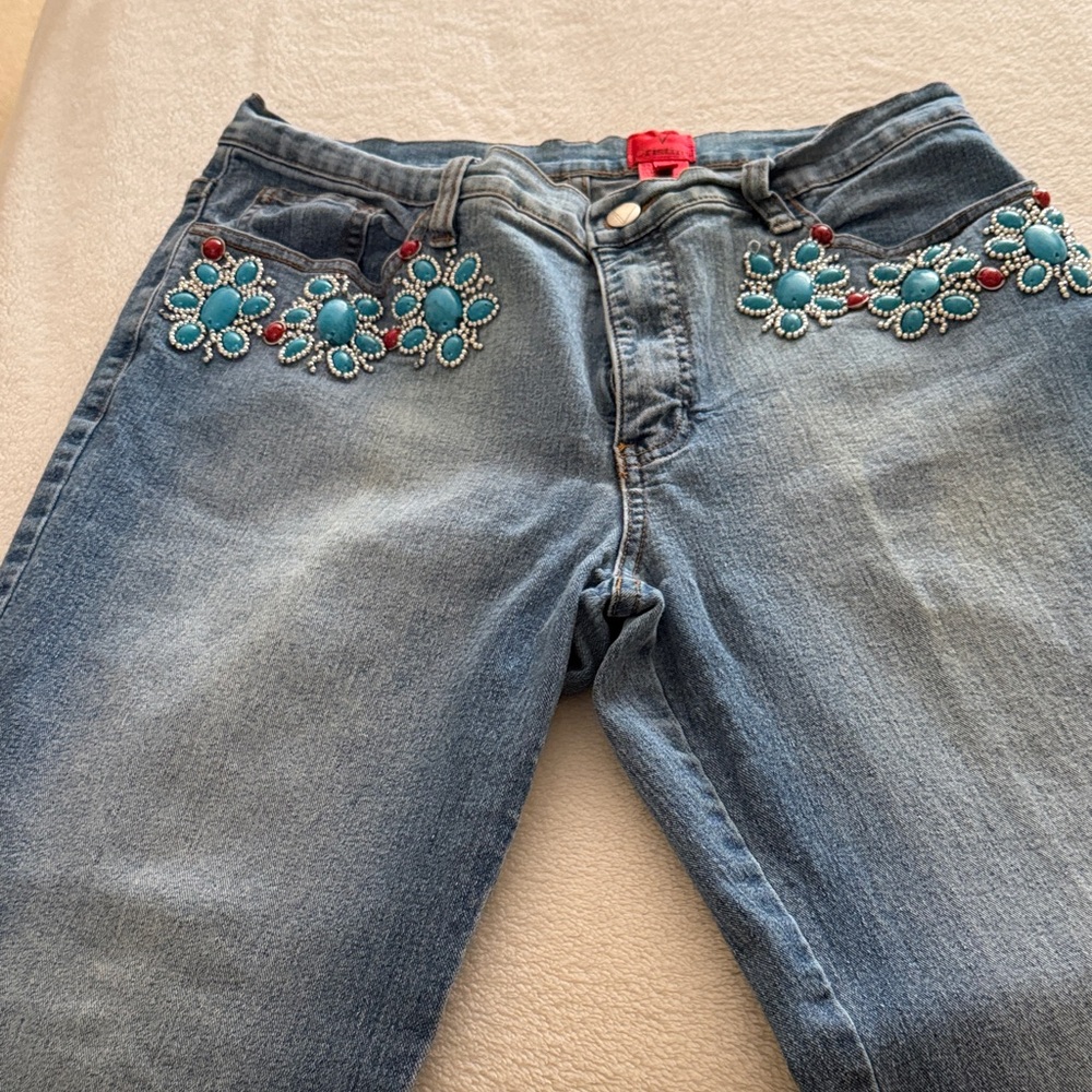 Christina Blue Jeans with Turquoise and Red Embellishments